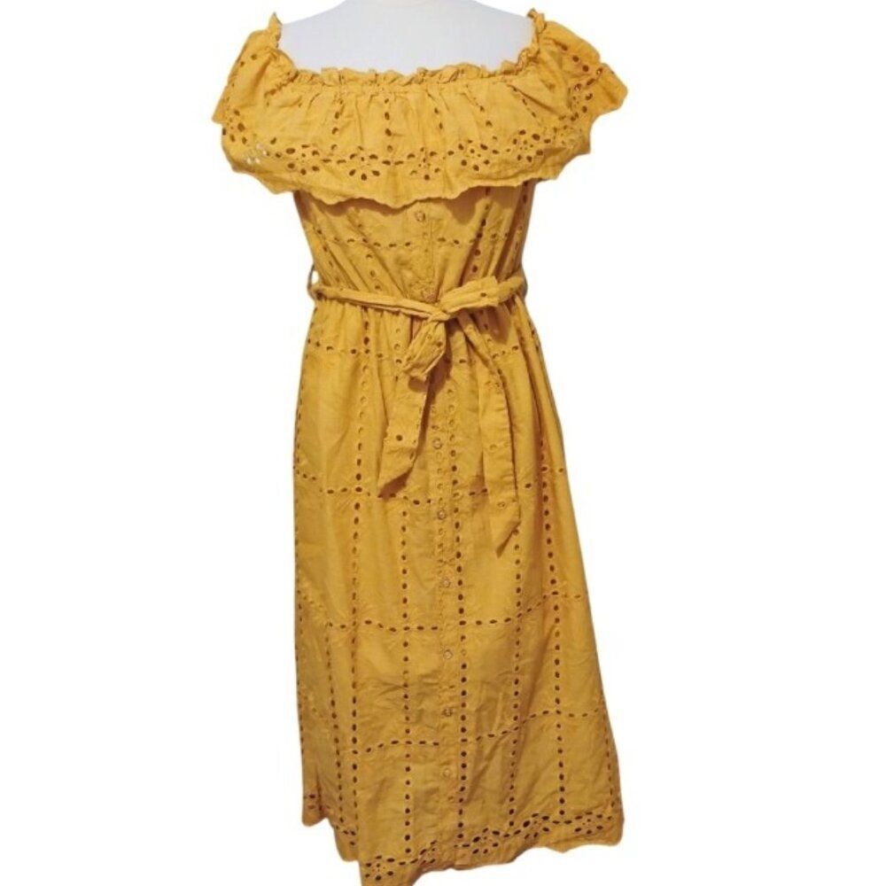 Simplee Dress Mustard Cotton Off Shoulder Ruffle Eyelet Cottage Prairie Peasant - Picture 2 of 14